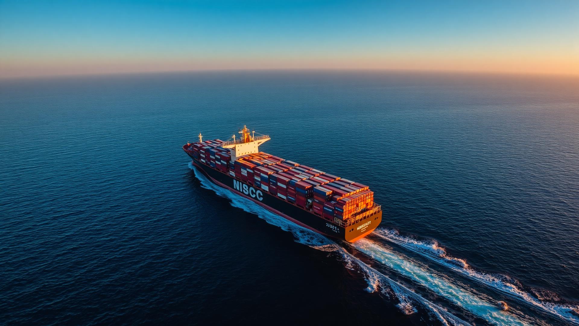 Navio cargueiro em alto-mar ao pôr do sol