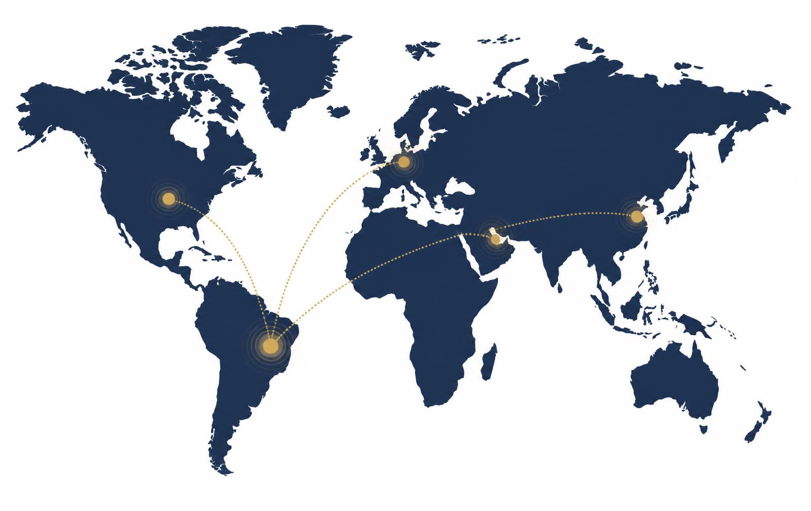 Mapa das rotas comerciais globais atendidas pela Expert Brasil Trading